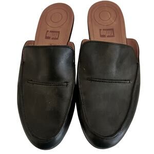 FitFlop Black Leather Loafer Low Wedge Mules Slides Minimalist Preppy